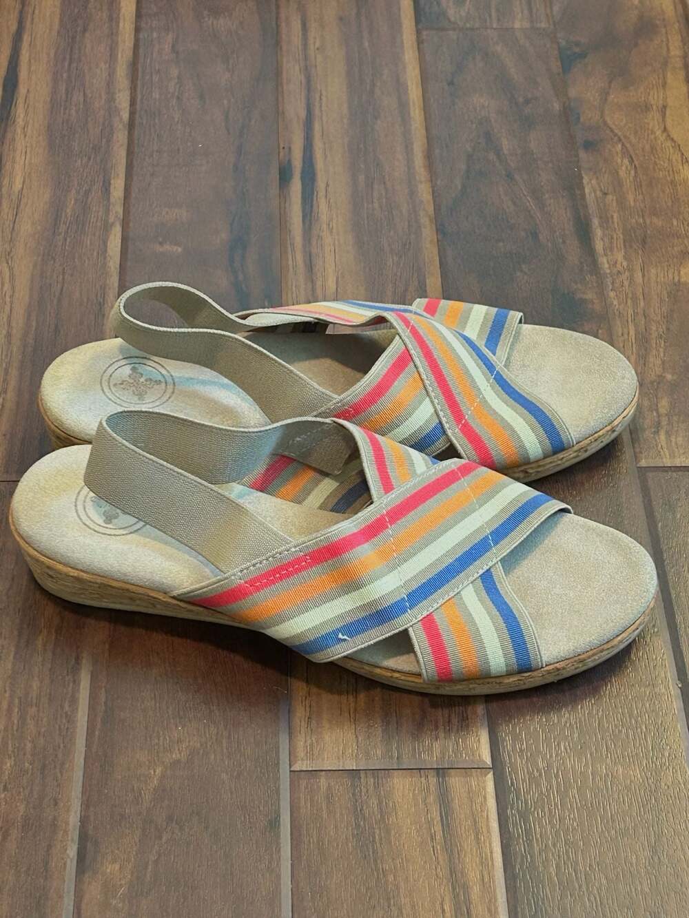 Charleston Shoe Co. Atlantic Stripe Elastic Cross-Strap Wedge Sandals Resort - Picture 5 of 15